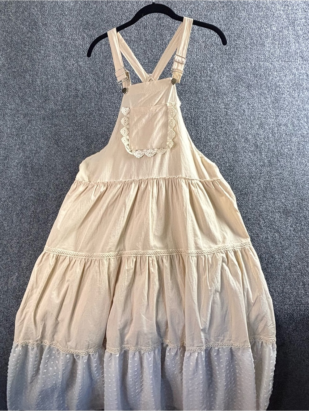 Cream Tiered Maxi Pinafore Dress with Lace Pocket